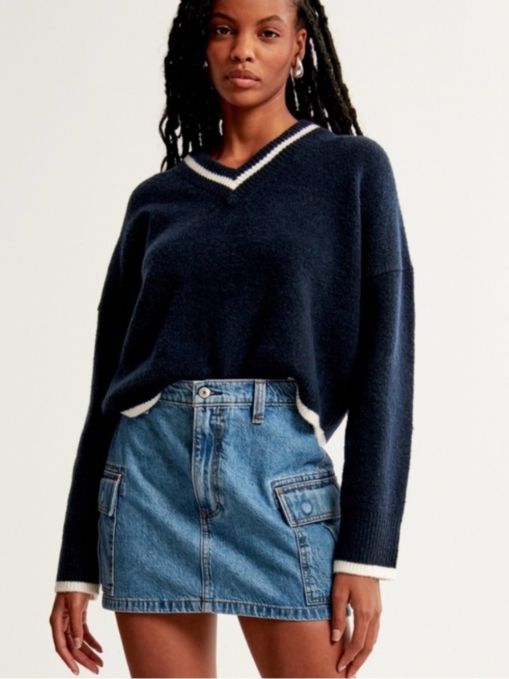 Abercrombie & Fitch Navy V-Neck Varsity Sweater with White Trim